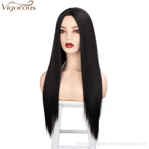 Vigorous Long Silky Natural Black Straight Synthetic Wigs Middle Part Wigs For Women Daily Use Wigs Wholesale Price